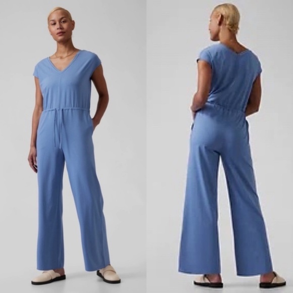 Athleta Pants - Athleta Willow Jumpsuit Cottage Blue Wide Leg V-Neck Supima Cotton Size XXS New